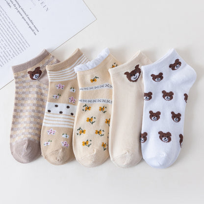 5 Pairs Socks Sets Women Elegant Retro Polyester Cotton Low Tube Women Socks Breathable Japanese Style Casual Cotton Short Sock